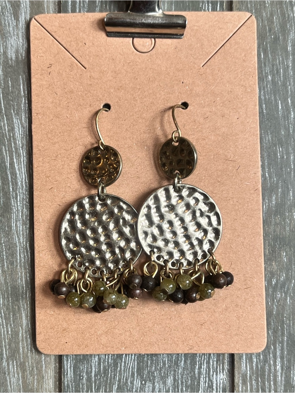 Retro Hammered Disc Drop Earrings with Olive and Brown Beads